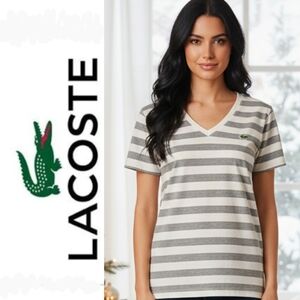 Lacoste Women's Short Sleeve Gray and White Striped Tee